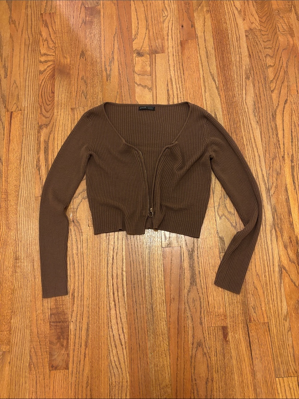 SHEIN Brown Ribbed Zip-Front Cardigan
